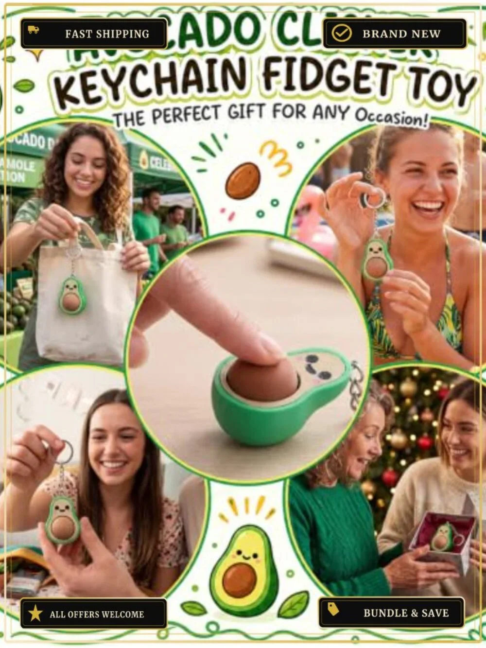 24 Pack Avocado Clicker Keychains Fidget Toy Stress Relief Party Favors PLA